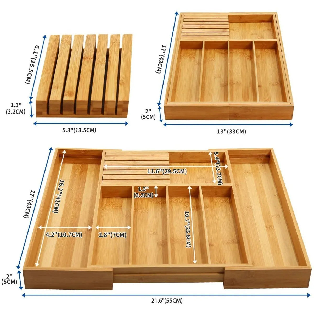 Cajon Organizador De Cubiertos De Bambu Expandible Para Cocina Multiusos