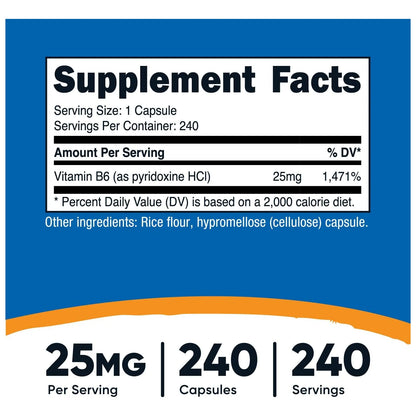 Vitamina B6 Piridoxina HCL 25 Mg 240 Capsulas Energia Y Bienestar