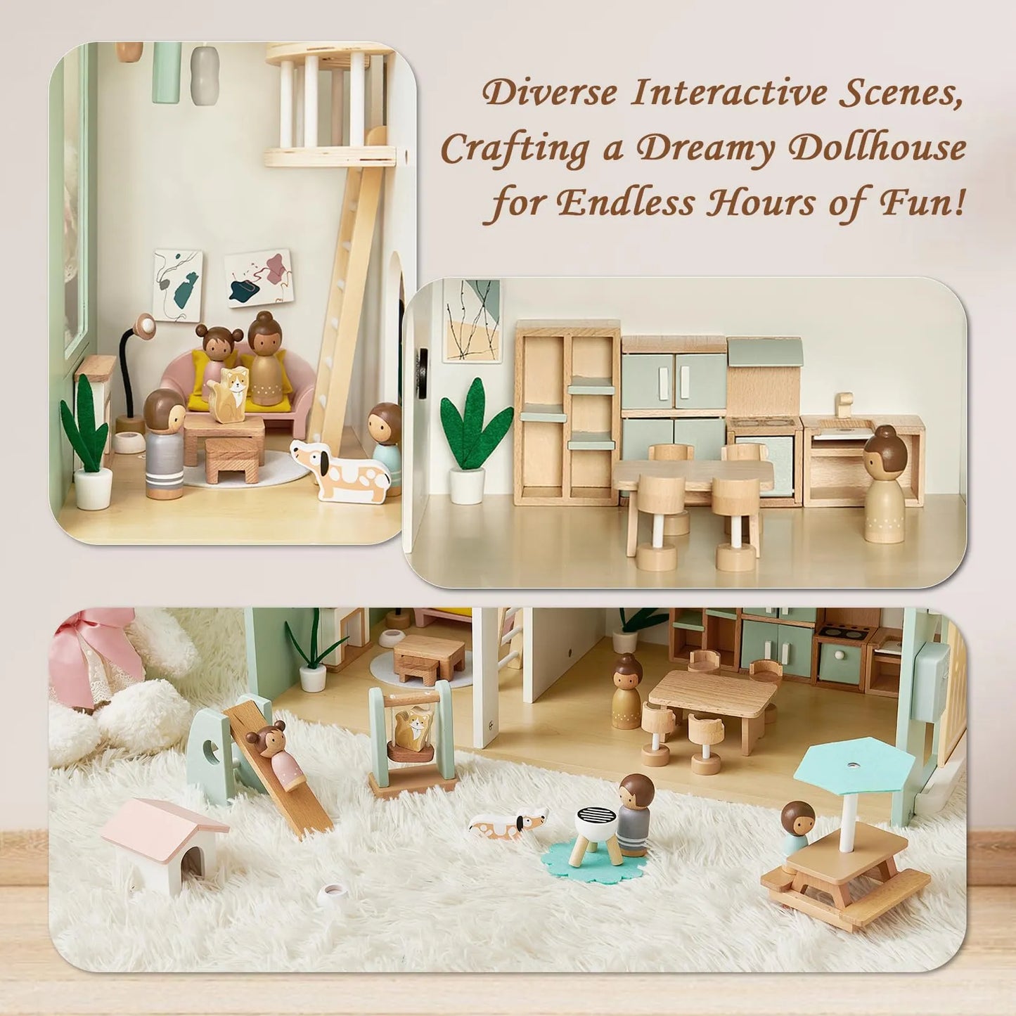 Casa De Muñecas De Madera Para Niños Con 53 Piezas Figuras Y Accesorios