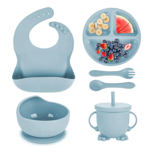 Juego De Alimentacion Bebe Silicona 6 Piezas Plato Babero Cuchara Sin Bpa