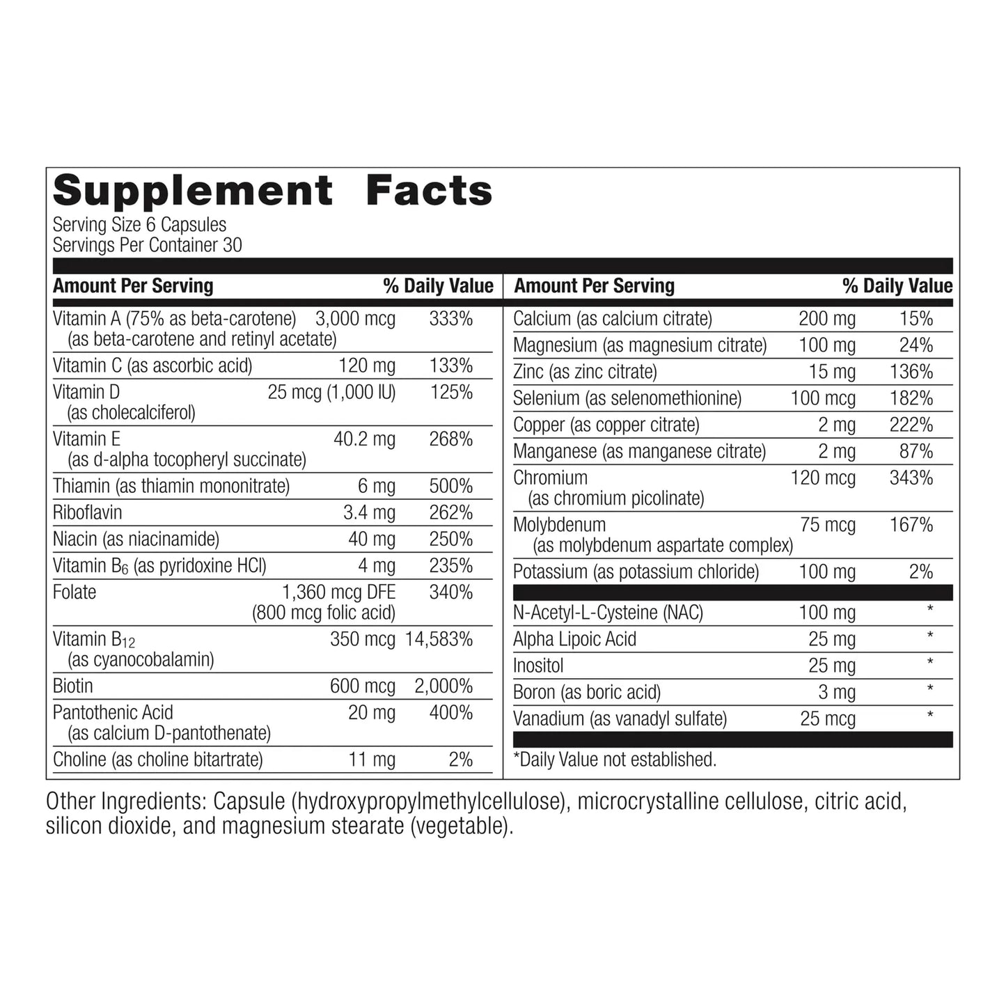 Multivitaminico Diario Alta Potencia 22 Vitaminas 180 Capsulas Sin Hierro
