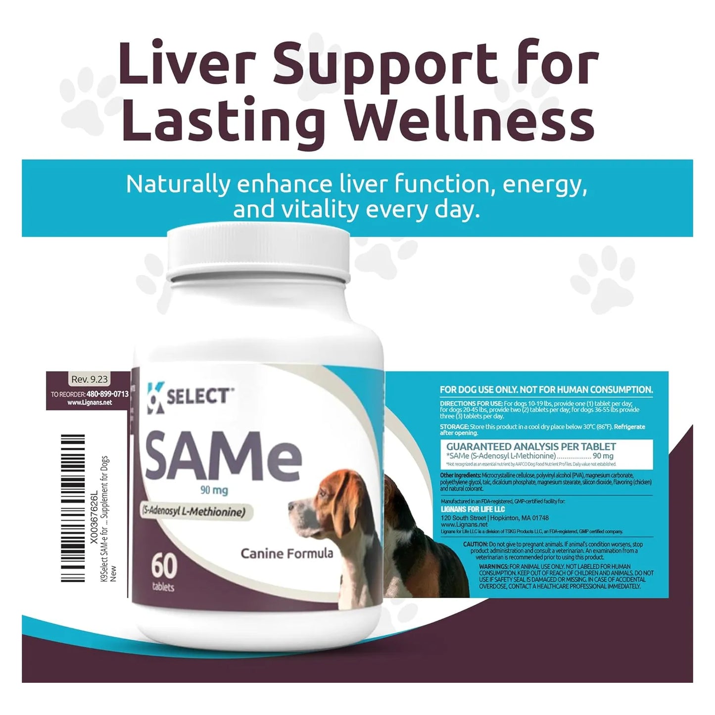 K9 Select SAM-e Para Perros Pequeños Y Medianos 60 Tabletas 90 Mg Suplemento Hepático Y Articular