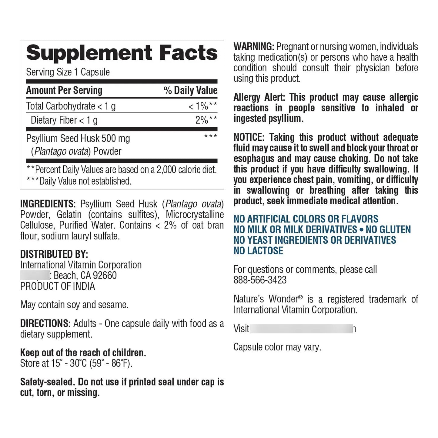 Cápsulas De Cáscara De Psyllium 500 Mg Natures Wonder Salud Digestiva Fibra Vegetal 200 Unidades