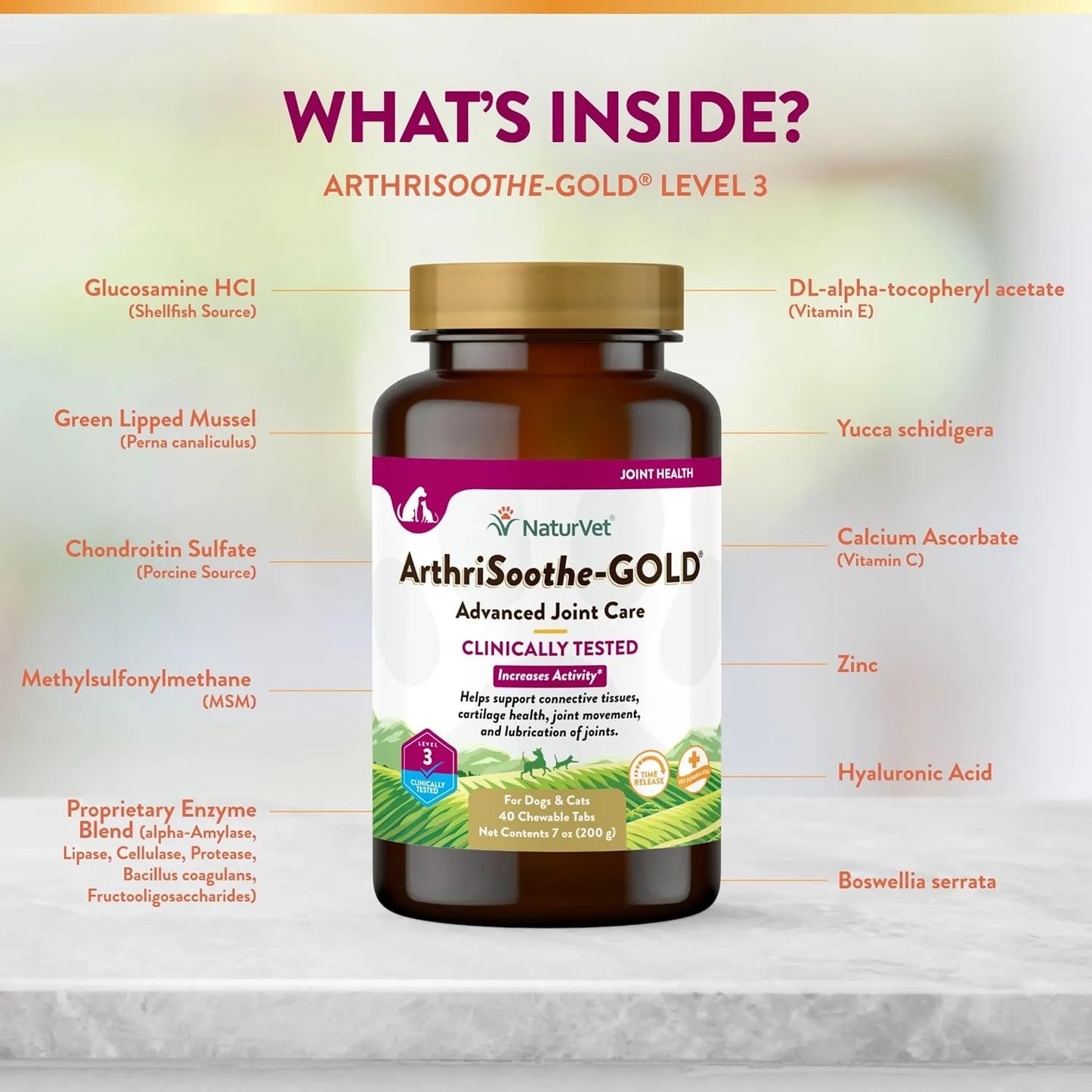 NaturVet ArthriSoothe Gold Nivel 3 Suplemento Articular Para Perros Y Gatos Con MSM Y Glucosamina