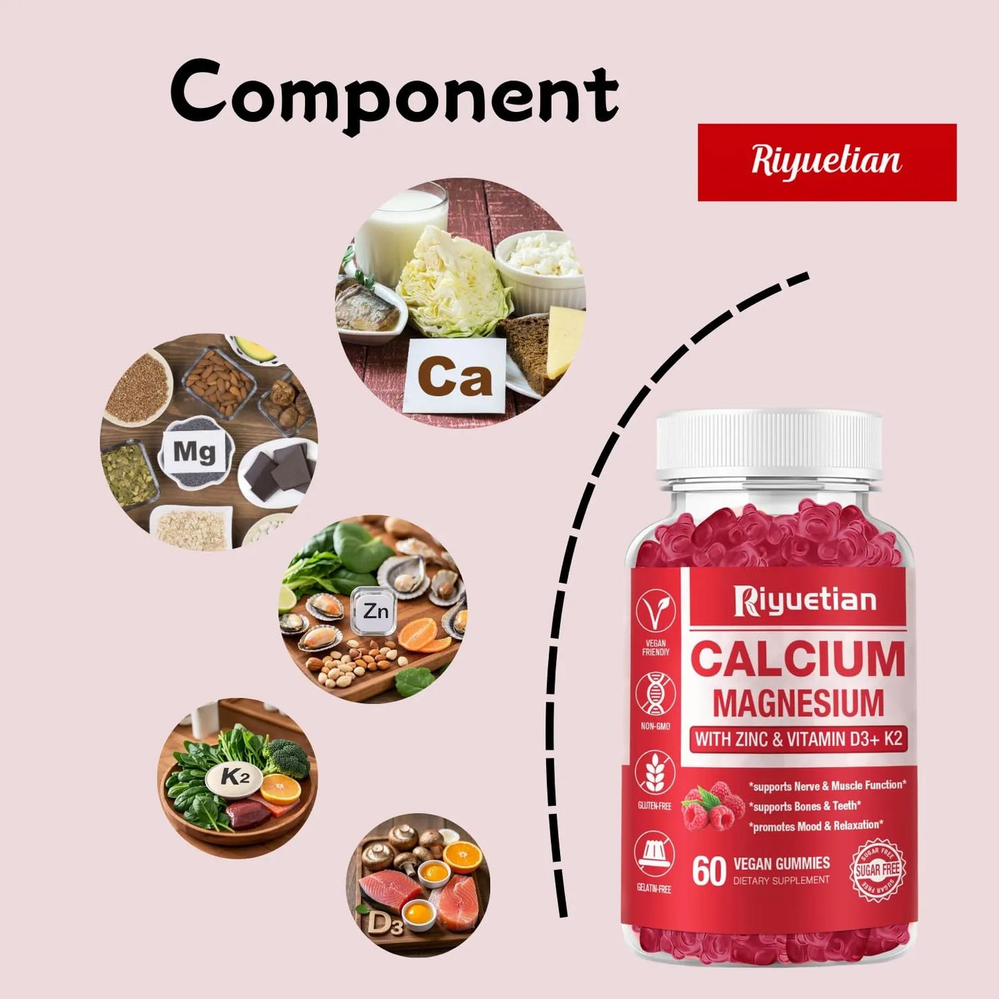 Gomitas Calcio Magnesio Zinc Vitamina D3 Veganas Sin Gluten 120 Unidades