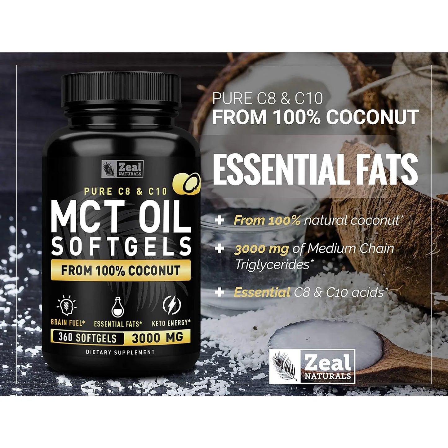 Cápsulas Mct Puro 360 Unidades 3000 Mg Energía Cetosis Octano