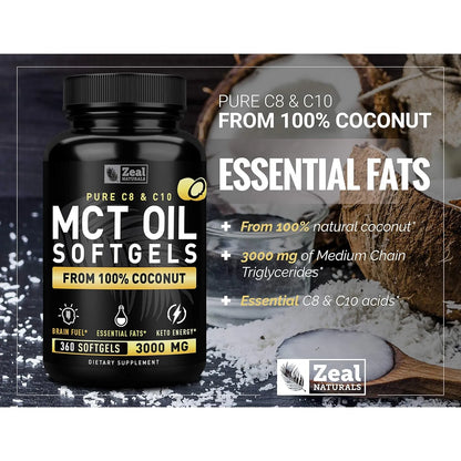 Cápsulas Mct Puro 360 Unidades 3000 Mg Energía Cetosis Octano
