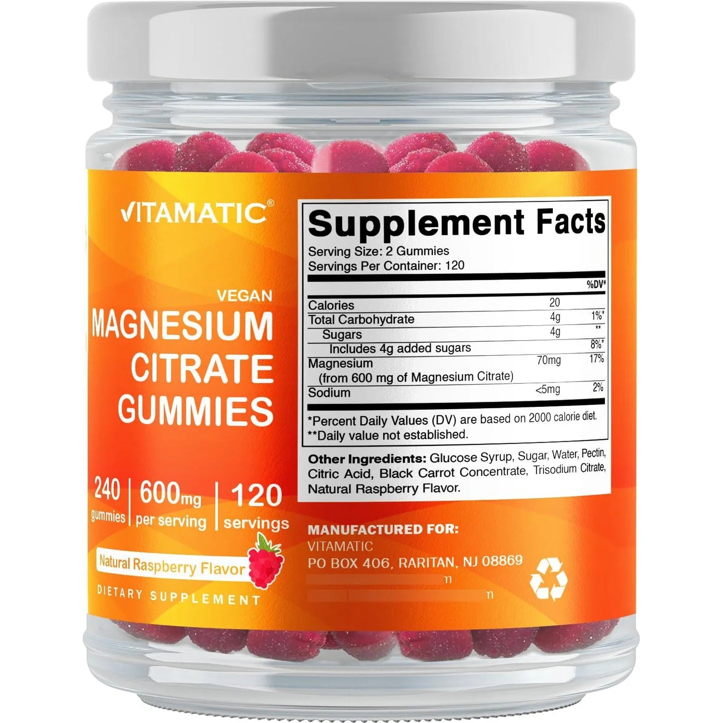 Gomitas De Citrato De Magnesio 600 Mg 240 Unidades Sabor Frambuesa Veganas