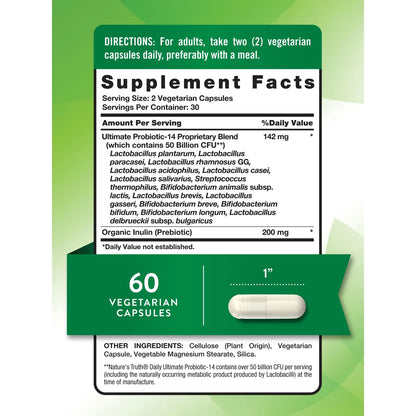 Natures Truth Probiótico 50 Mil Millones UFC Con Prebióticos 60 Cápsulas Salud Digestiva