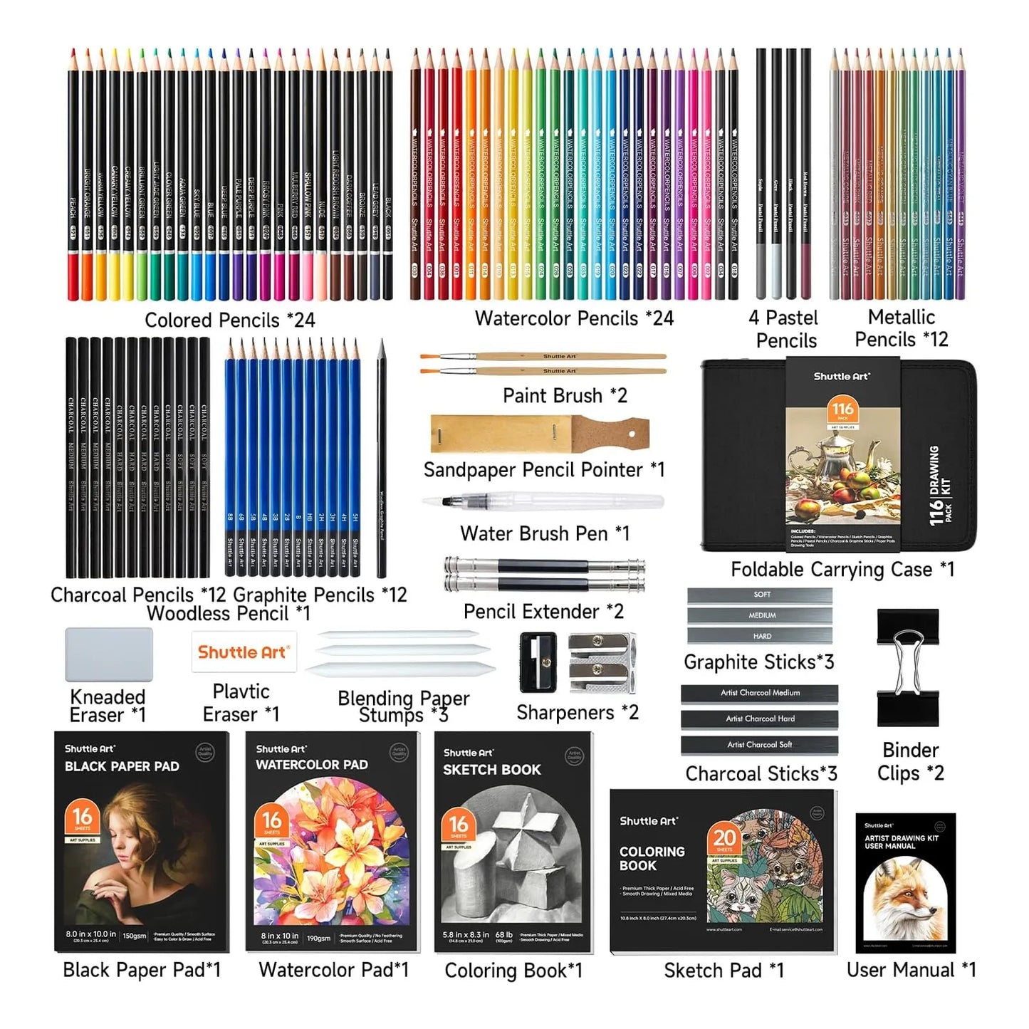 Kit De Dibujo Profesional 116 Piezas Lápices Carbón Acuarela Grafito Estuche Portátil