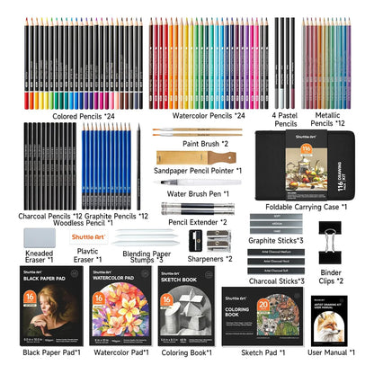Kit De Dibujo Profesional 116 Piezas Lápices Carbón Acuarela Grafito Estuche Portátil