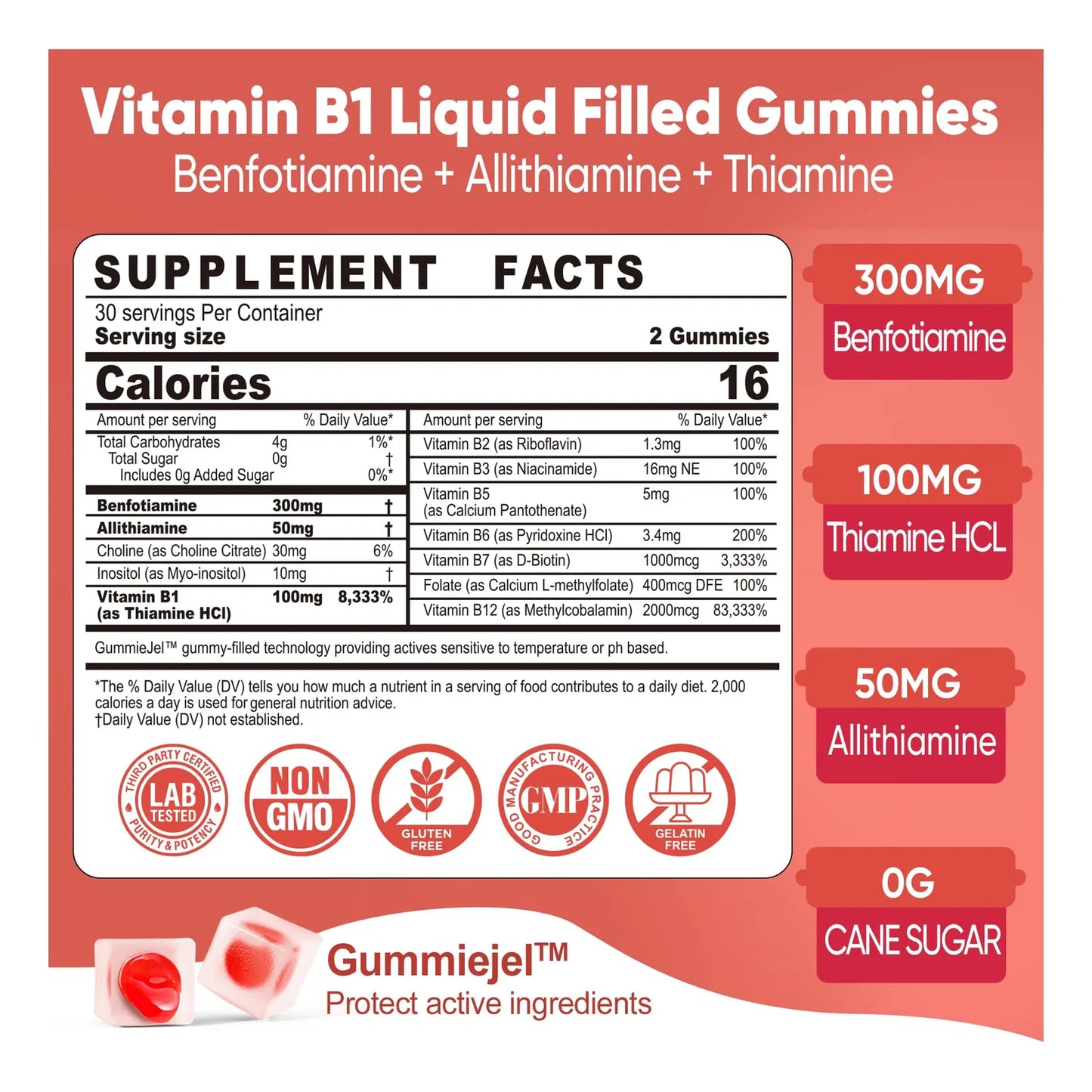 Gomitas Vitamina B1 Benfotiamina 300 Mg Allitiamina 50 Mg Tiamina 100 Mg Complejo B