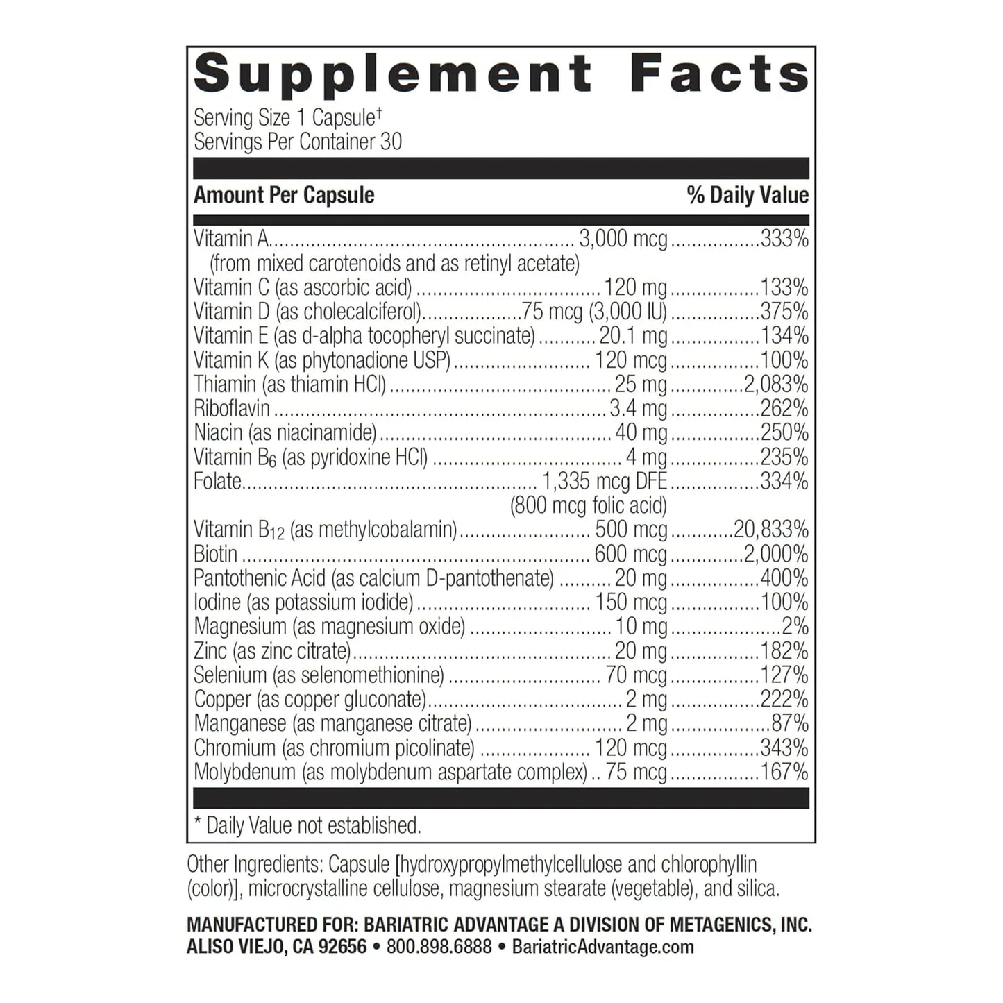 Multivitaminico Diario Para Pacientes Bariatricos Con Tiamina Capsulas Sin Gluten