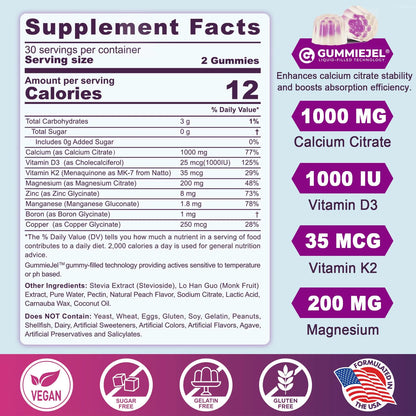 Gomitas De Citrato De Calcio 1000 Mg Con Vitamina D3 K2 Magnesio Zinc Para Huesos Fuertes