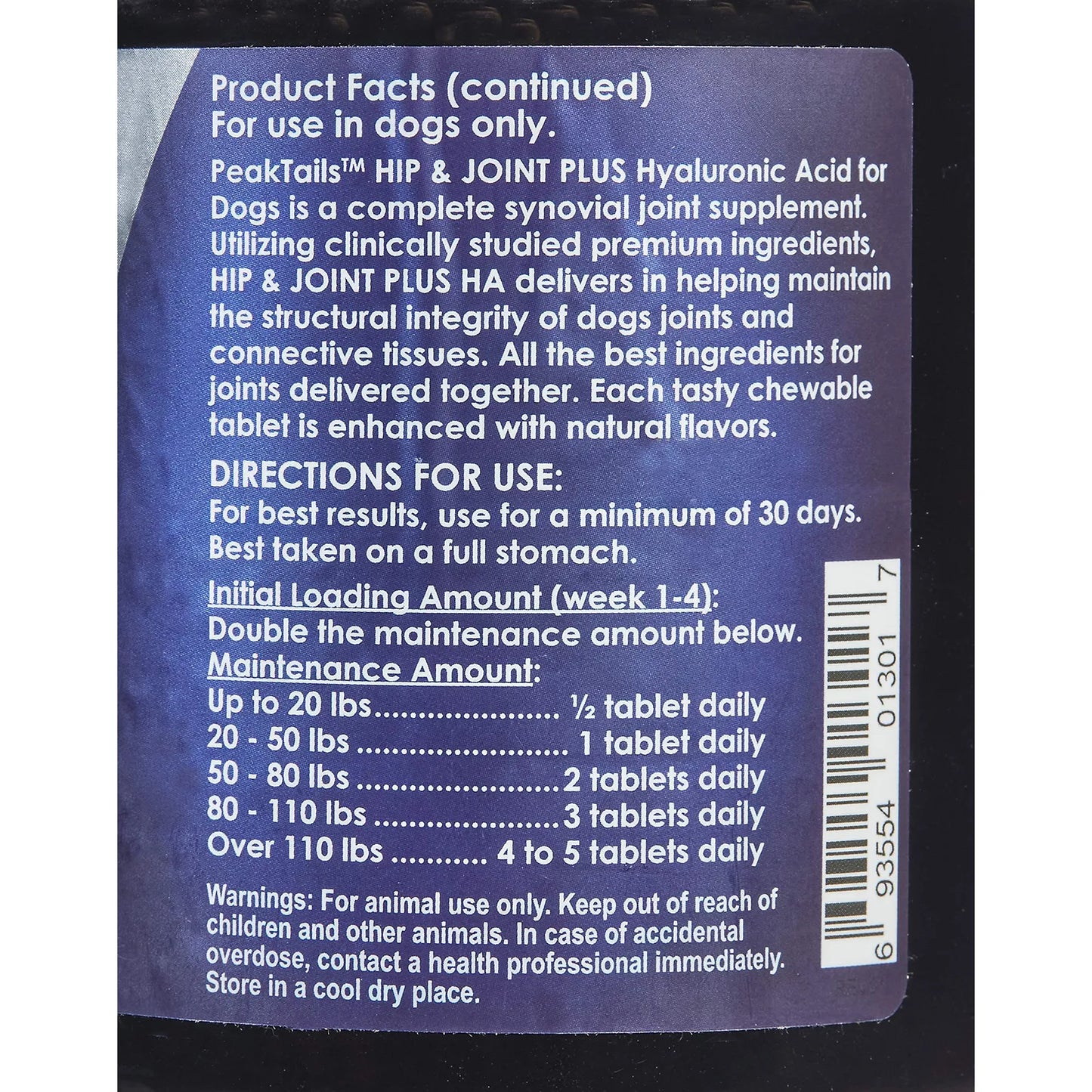 PeakTails Hip Joint Plus HA Para Perros 90 Tabletas Salud Articular Glucosamina MSM