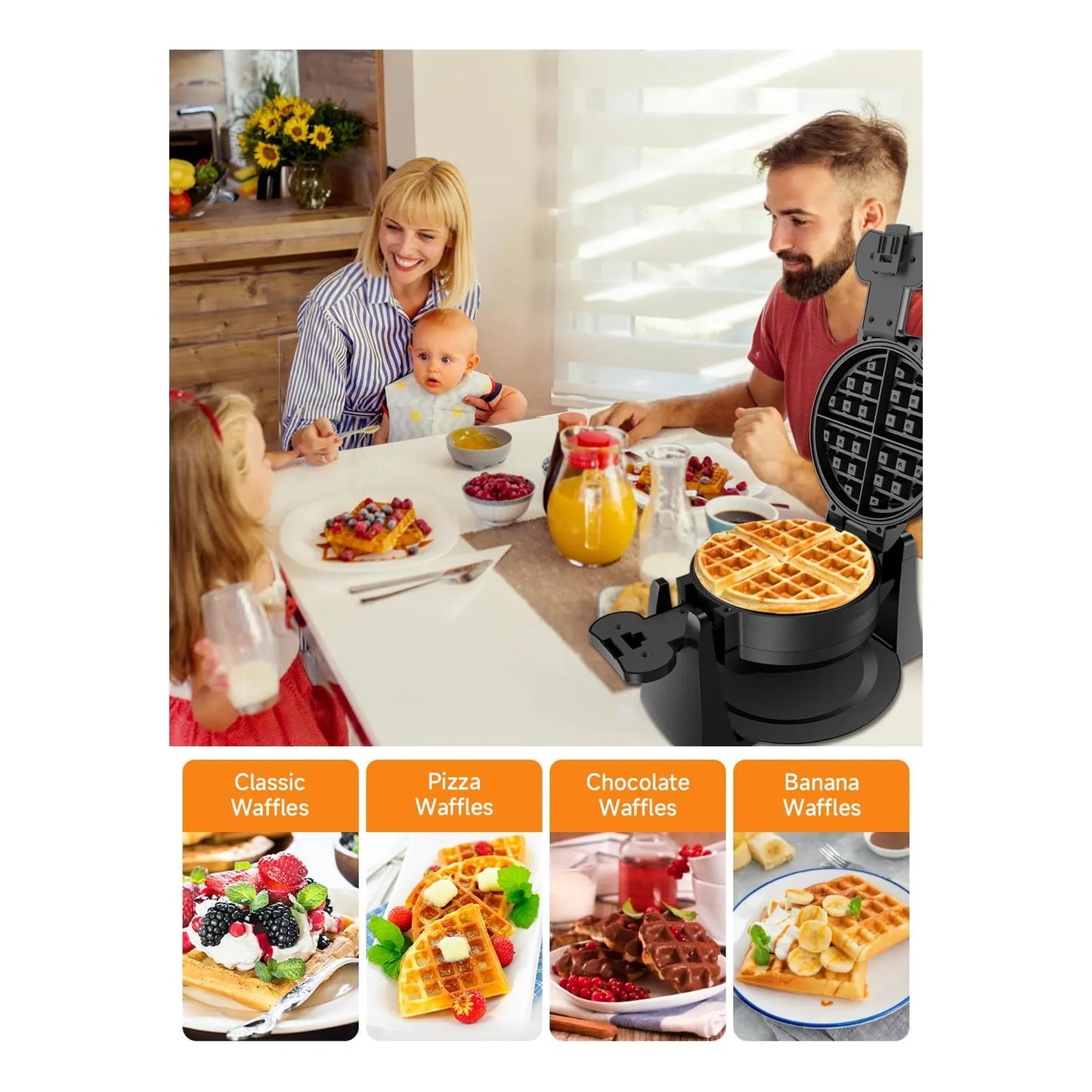 Máquina Gofrera Doble 1400W Placas Giratorias Antiadherentes 8 Gofres 6 Min
