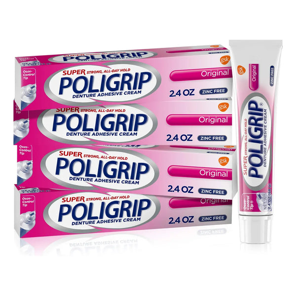 Crema Adhesiva Super Poligrip Para Dentaduras 4 Tubos 2.4 Onzas Sabor Menta