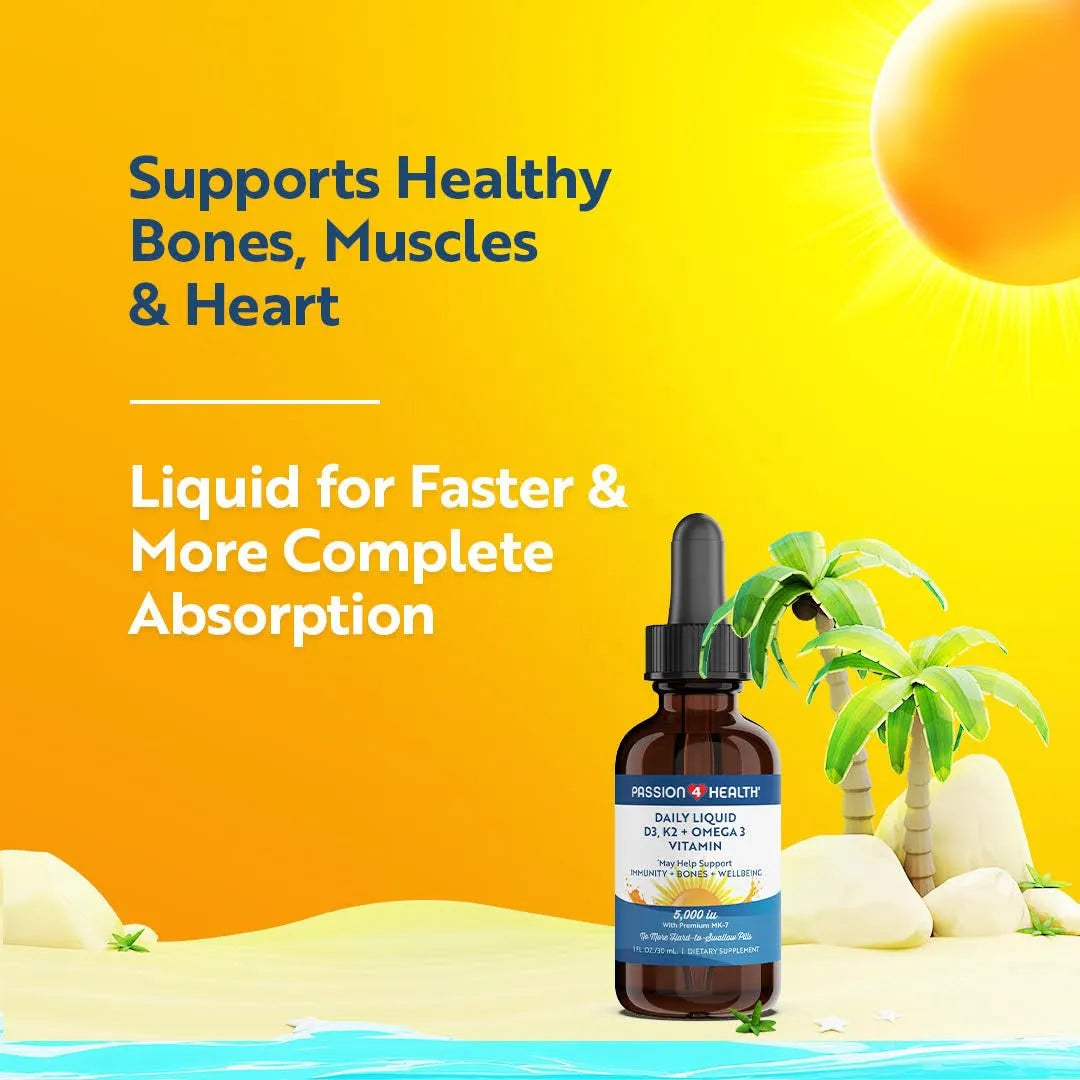 Vitamina Líquida Orgánica D3 5000IU + K2 Mk7 + Omega 3 Passion 4 Health Huesos Fuertes Y Músculos Saludables