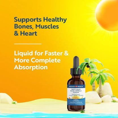 Vitamina Líquida Orgánica D3 5000IU + K2 Mk7 + Omega 3 Passion 4 Health Huesos Fuertes Y Músculos Saludables