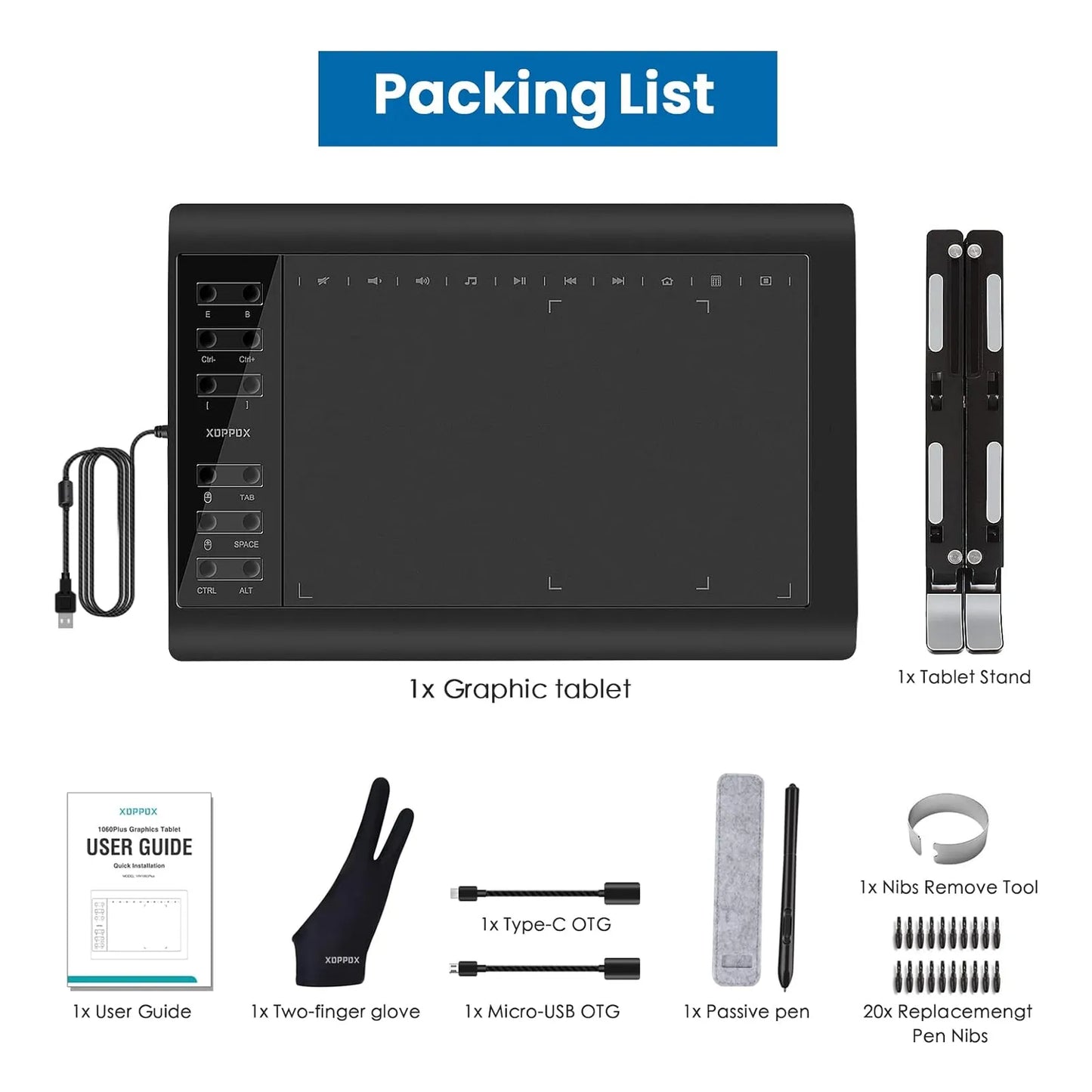 Tableta Grafica Xoppox 10x6 Pulgadas Lápiz Sin Batería 8192 Niveles Presión Compatible PC Mac Android