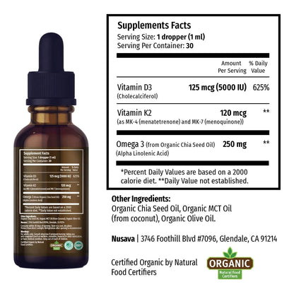 Gotas Orgánicas D3 K2 5000 UI Con Aceite MCT Omega 3 Suplemento Líquido