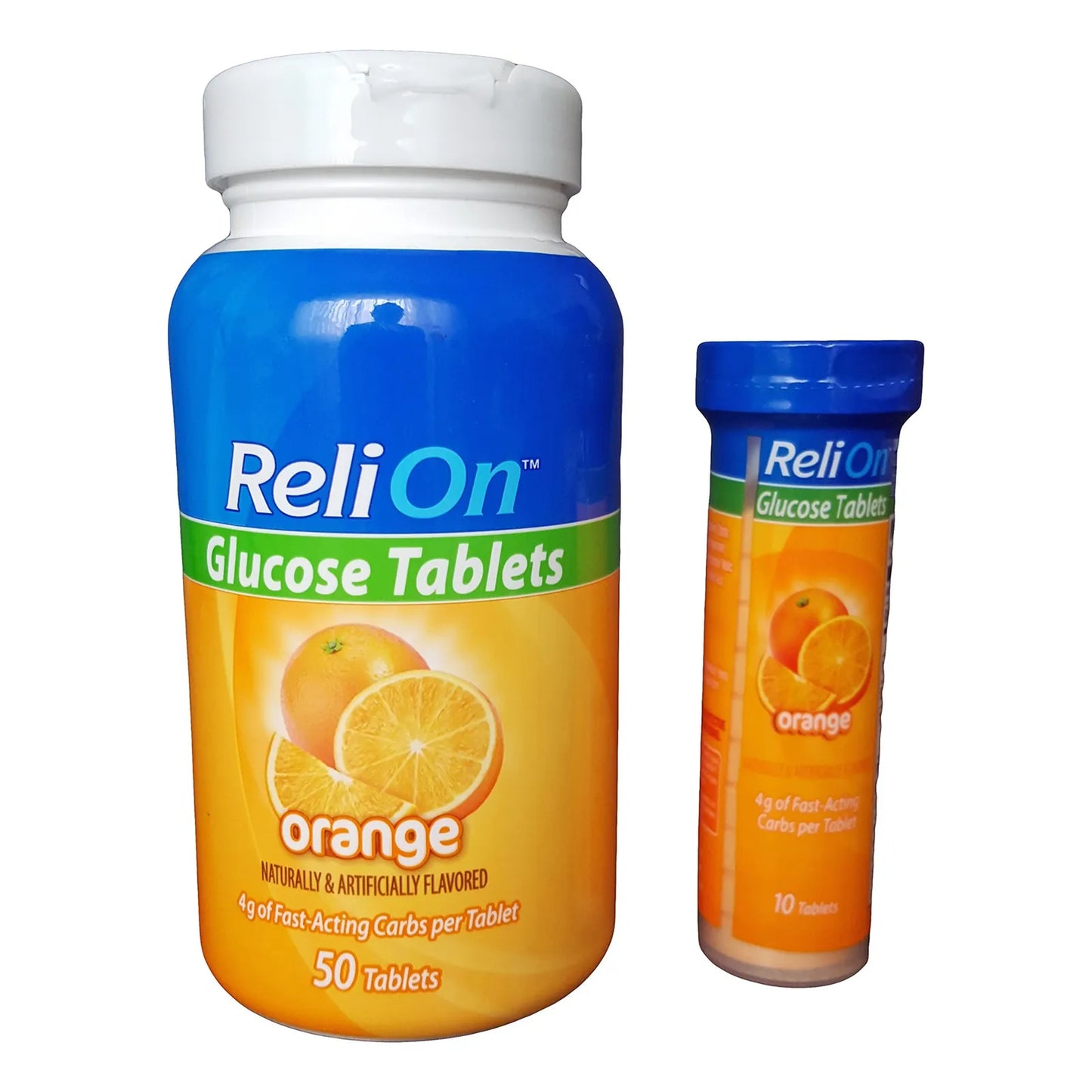 Tabletas De Glucosa ReliOn 50 Unidades Con Tubo Portátil Sabor Naranja