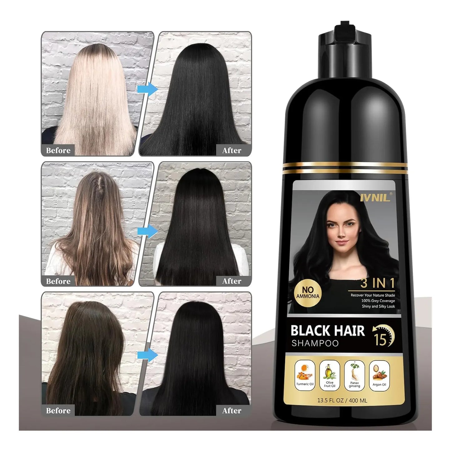 Champu Tinte Cabello Negro Permanente 3 En 1 Cobertura Canas 400Ml