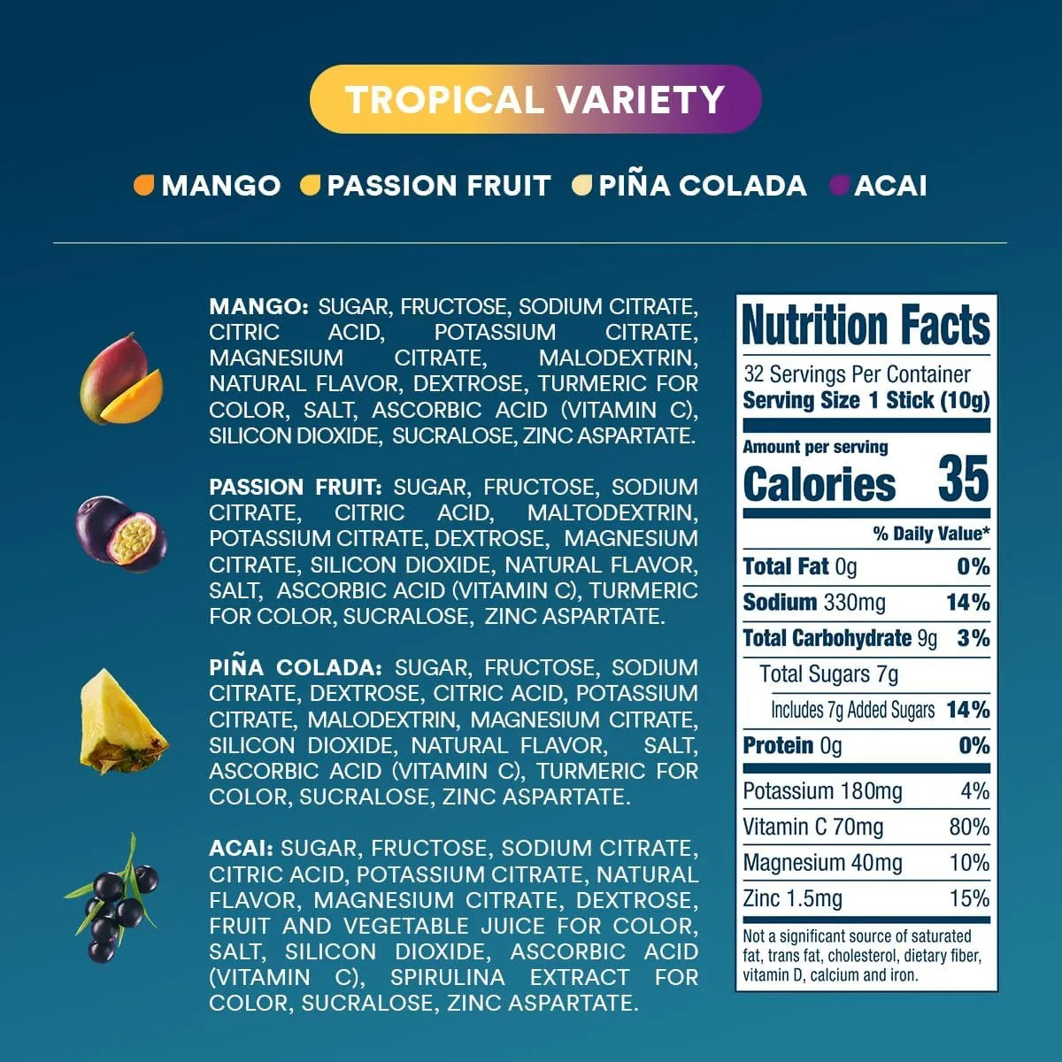 Electrolitos En Polvo Sabor Mango Acai Fruta De La Pasión DripDrop Hydration 32 Unidades