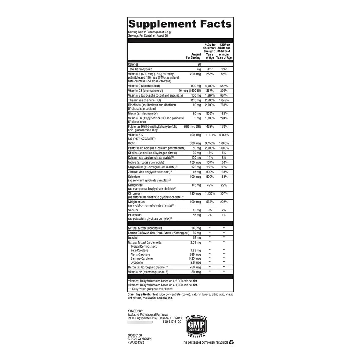 Polvo Multivitaminico Sin Cobre Ni Hierro Ponche De Frutas Xymogen Activnutrients 12.9 Onzas