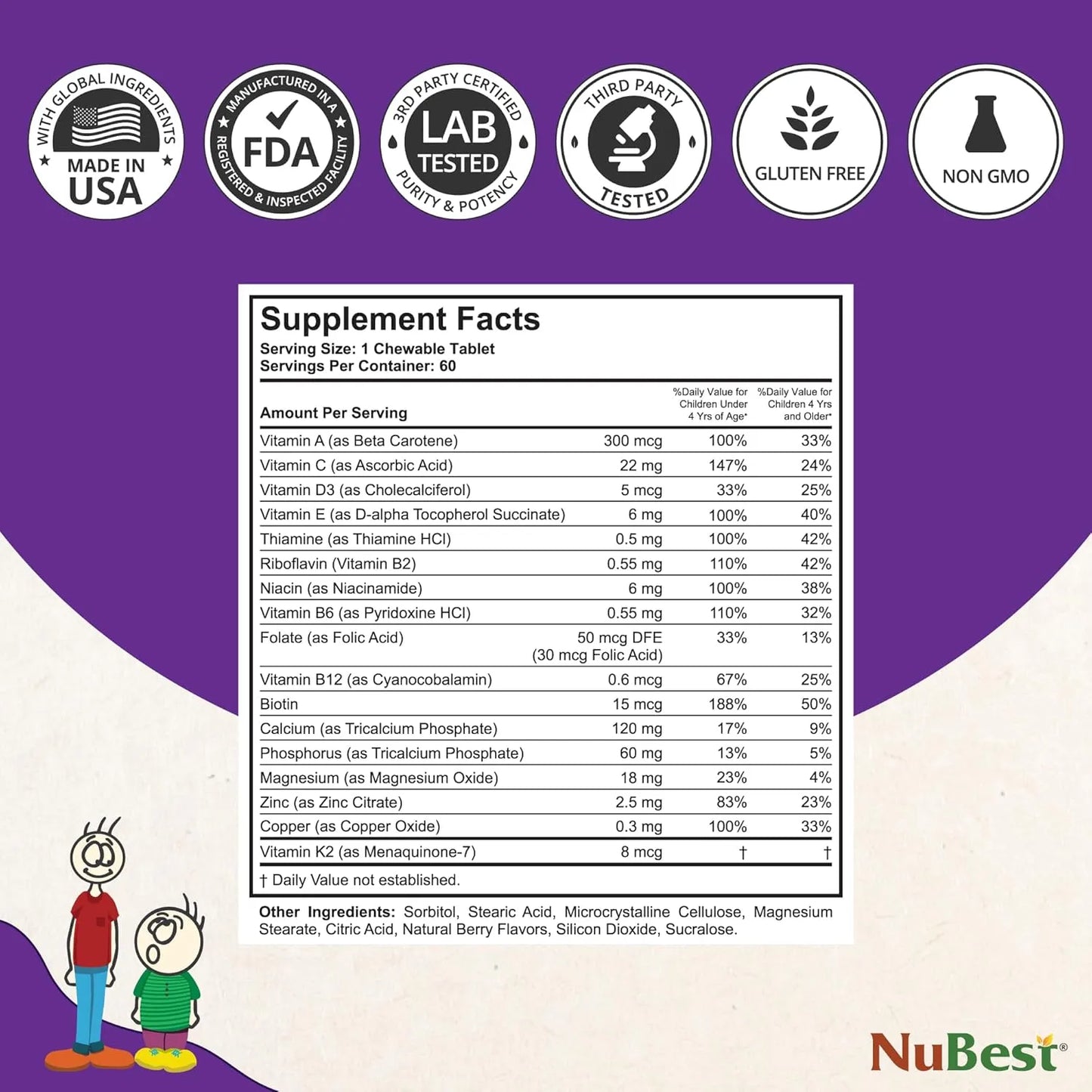 Vitaminas NuBest Niños Apoyo Inmunidad Fuerza Ósea 60 Tabletas Masticables