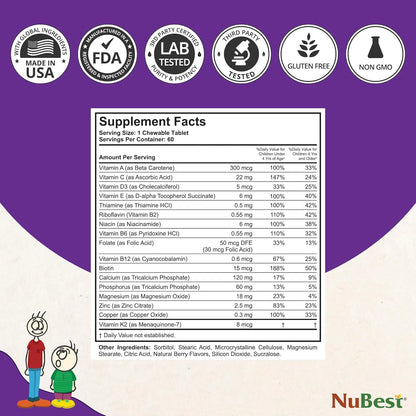 Vitaminas NuBest Niños Apoyo Inmunidad Fuerza Ósea 60 Tabletas Masticables