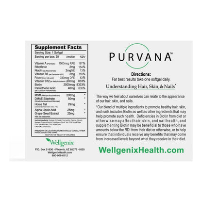 Purvana Vitamina Cabello Piel Uñas 2500 Mcg Biotina Acido Folico Dmae Usa
