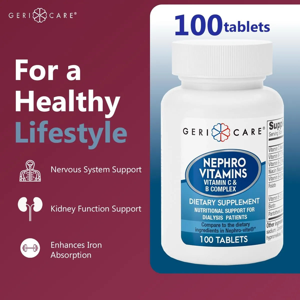 Vitamina C Y Complejo B Tabletas GeriCare Nephro 100 Unidades Salud Renal Y Energía