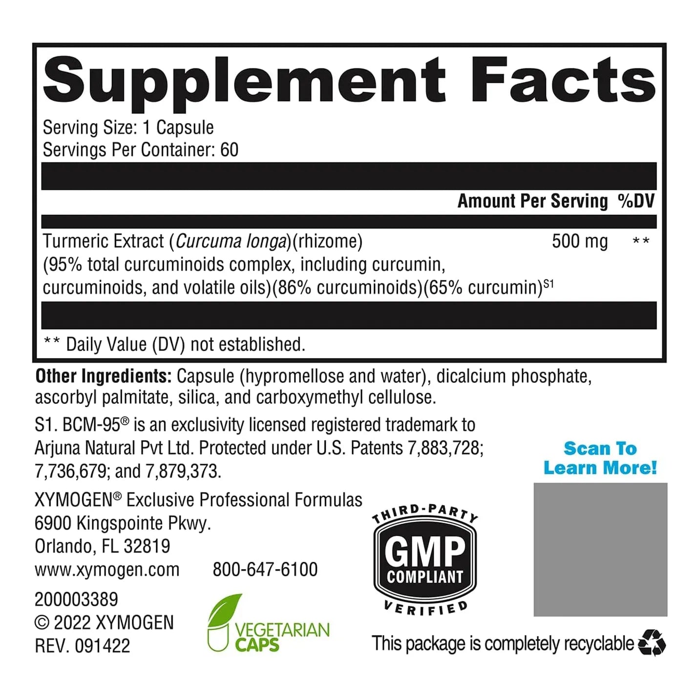 Cápsulas De Curcumina BCM 95 Xymogen Apoyo Cerebral Y Articular 60 Veganas