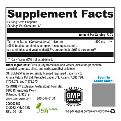Cápsulas De Curcumina BCM 95 Xymogen Apoyo Cerebral Y Articular 60 Veganas