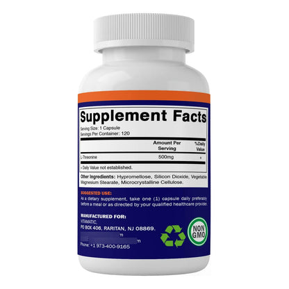 L Treonina 500 Mg 120 Capsulas Vegetales Funcion Hepatica Y Muscular