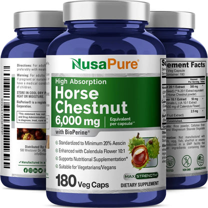 Castaño De Indias 6000mg 180 Cápsulas Vegetales Extracto 20 1 Con Bioperine Y Caléndula