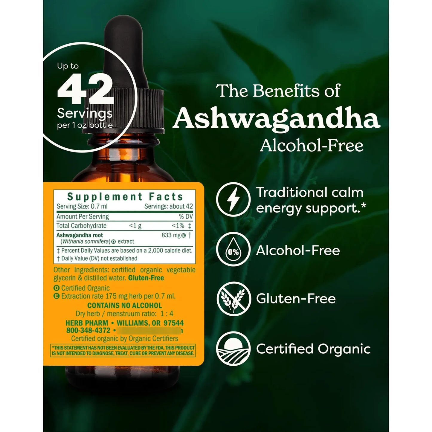 Extracto Liquido Organico De Ashwagandha Sin Alcohol Soporte Animo Vegano