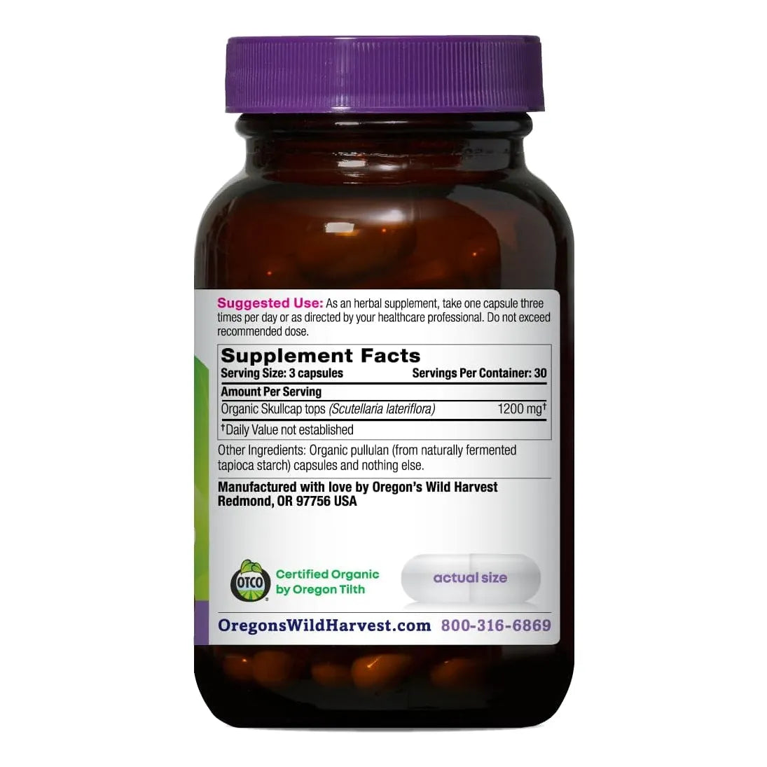 Cápsulas Veganas Orgánicas De Skullcap 90 Unidades Suplemento Herbario Certificado