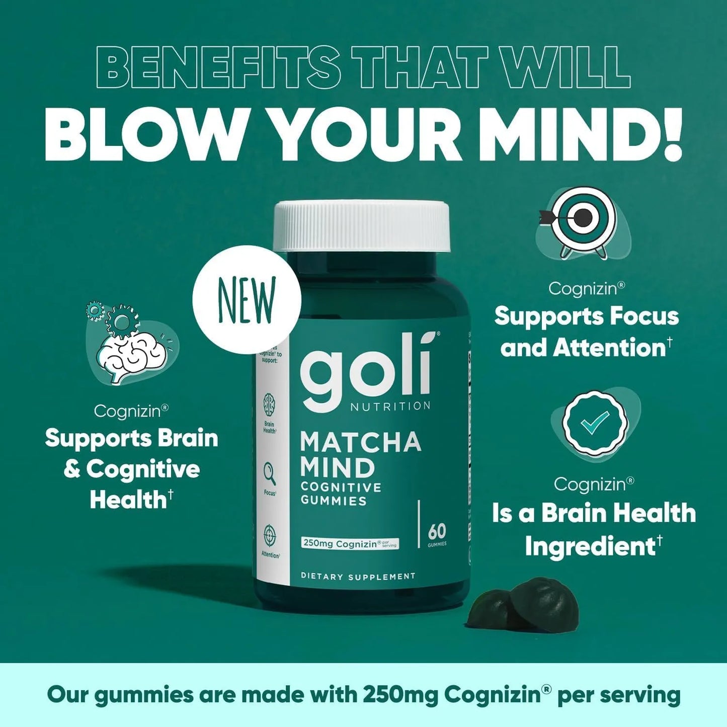 Gomitas Matcha Mind 60 Unidades Té Verde En Polvo Con Cognizin Para Concentración