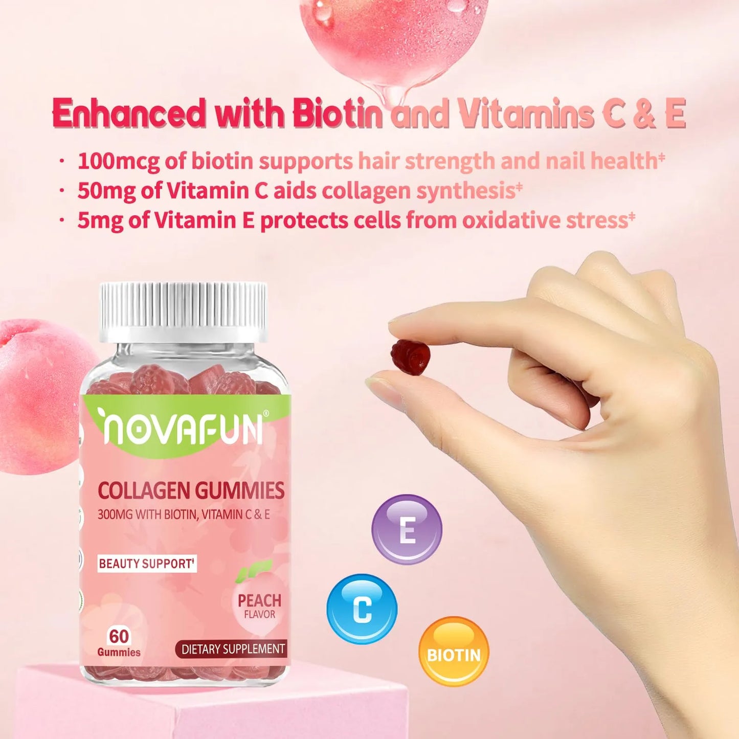Gomitas De Colágeno Con Biotina Vitamina C Y E Para Cabello Piel Y Uñas Sabor Melocotón 60 Unidades