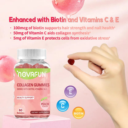 Gomitas De Colágeno Con Biotina Vitamina C Y E Para Cabello Piel Y Uñas Sabor Melocotón 60 Unidades