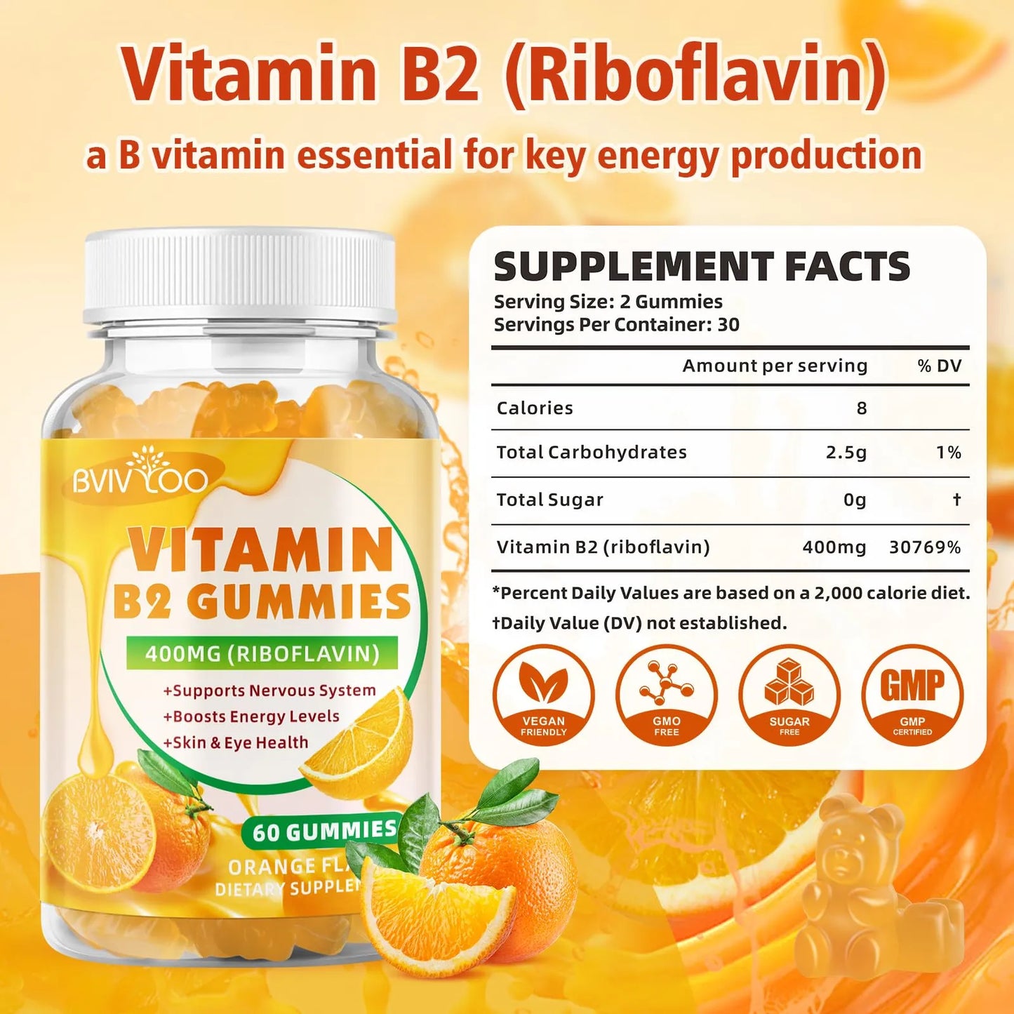 Gomitas De Vitamina B2 Riboflavina 400 Mg Para Niños Y Adultos Alivio Migraña Veganas