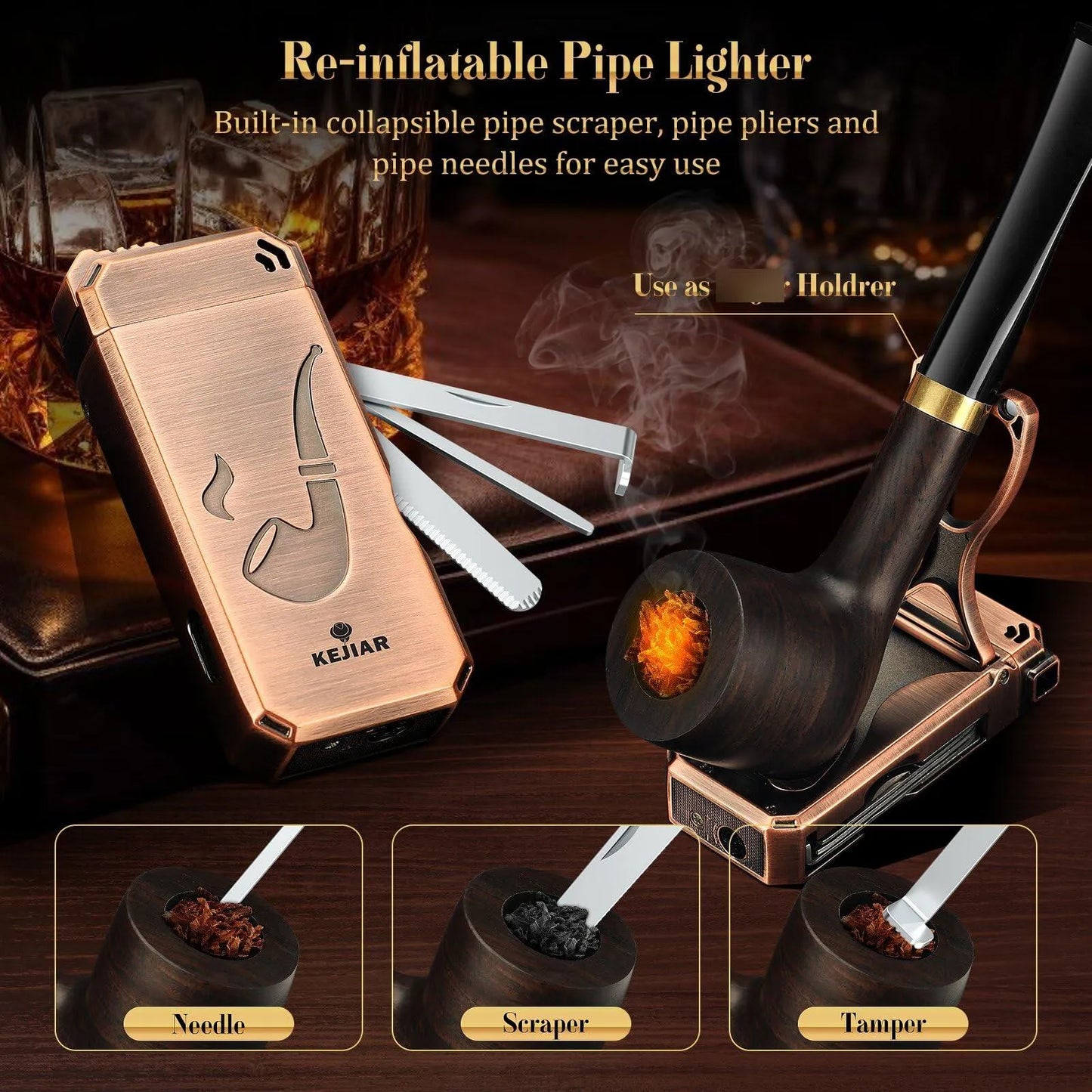 Juego De Pipa De Tabaco Artesanal En Madera Con Encendedor Y Estuche De Cuero Premium