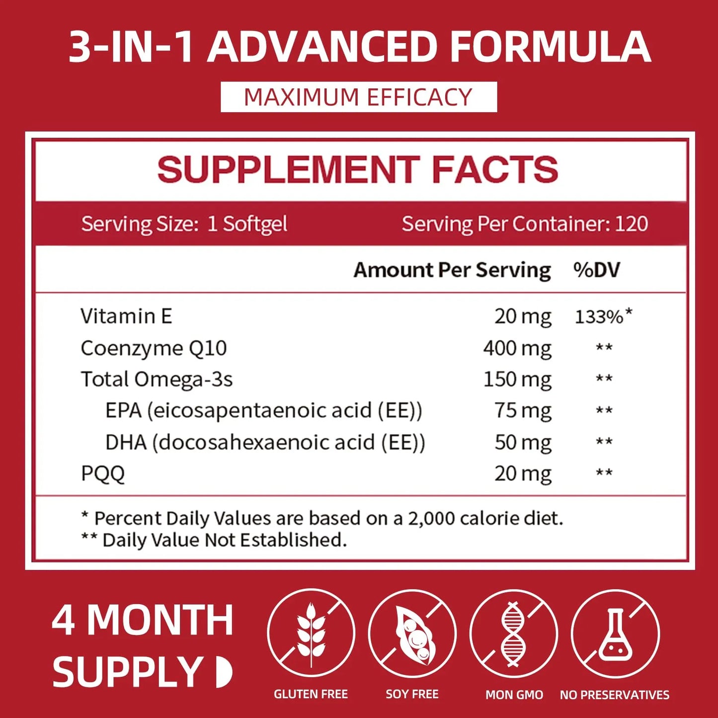 Cápsulas Blandas CoQ10 400mg Con PQQ Y Omega 3 Antioxidante Para Energía Y Salud Cardiovascular 120 Unidades