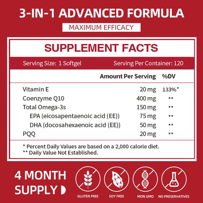 Cápsulas Blandas CoQ10 400mg Con PQQ Y Omega 3 Antioxidante Para Energía Y Salud Cardiovascular 120 Unidades