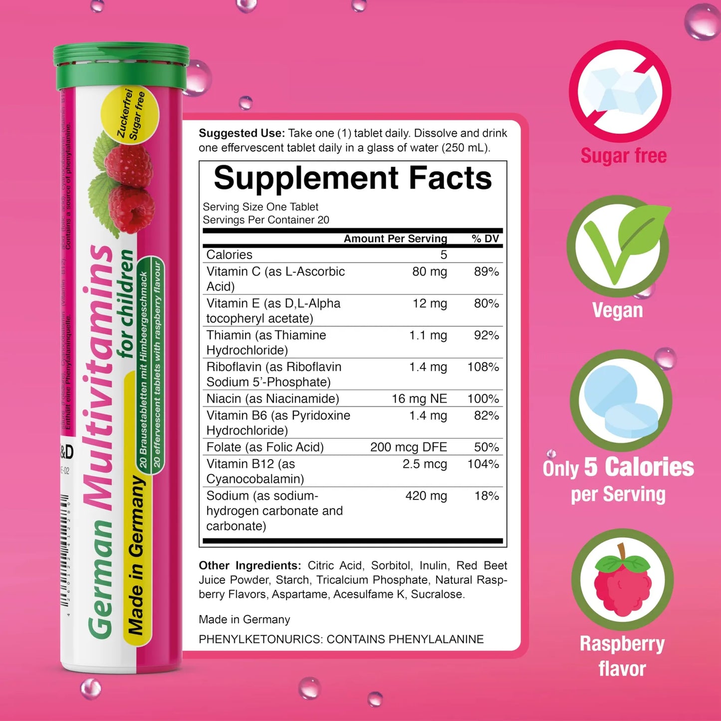 Multivitamínico Efervescente Para Niños 60 Tabletas Sabor Frambuesa Sin Azúcar Vegano
