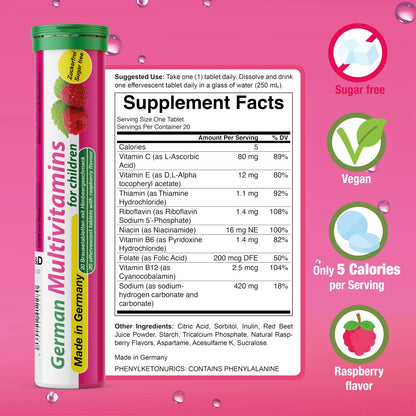 Multivitamínico Efervescente Para Niños 60 Tabletas Sabor Frambuesa Sin Azúcar Vegano
