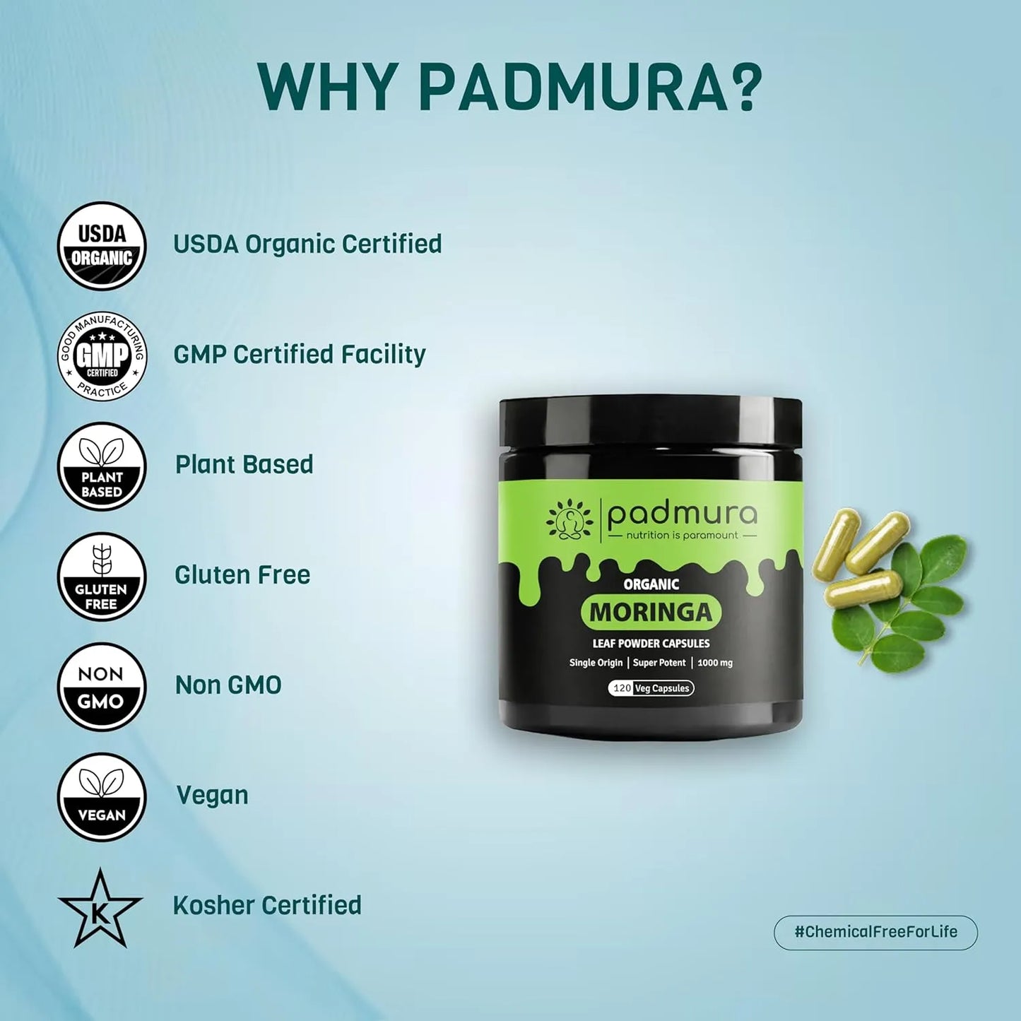 Cápsulas Orgánicas De Moringa Oleifera 1000 Mg Apoyo Inmunológico Vegano Sin Gluten