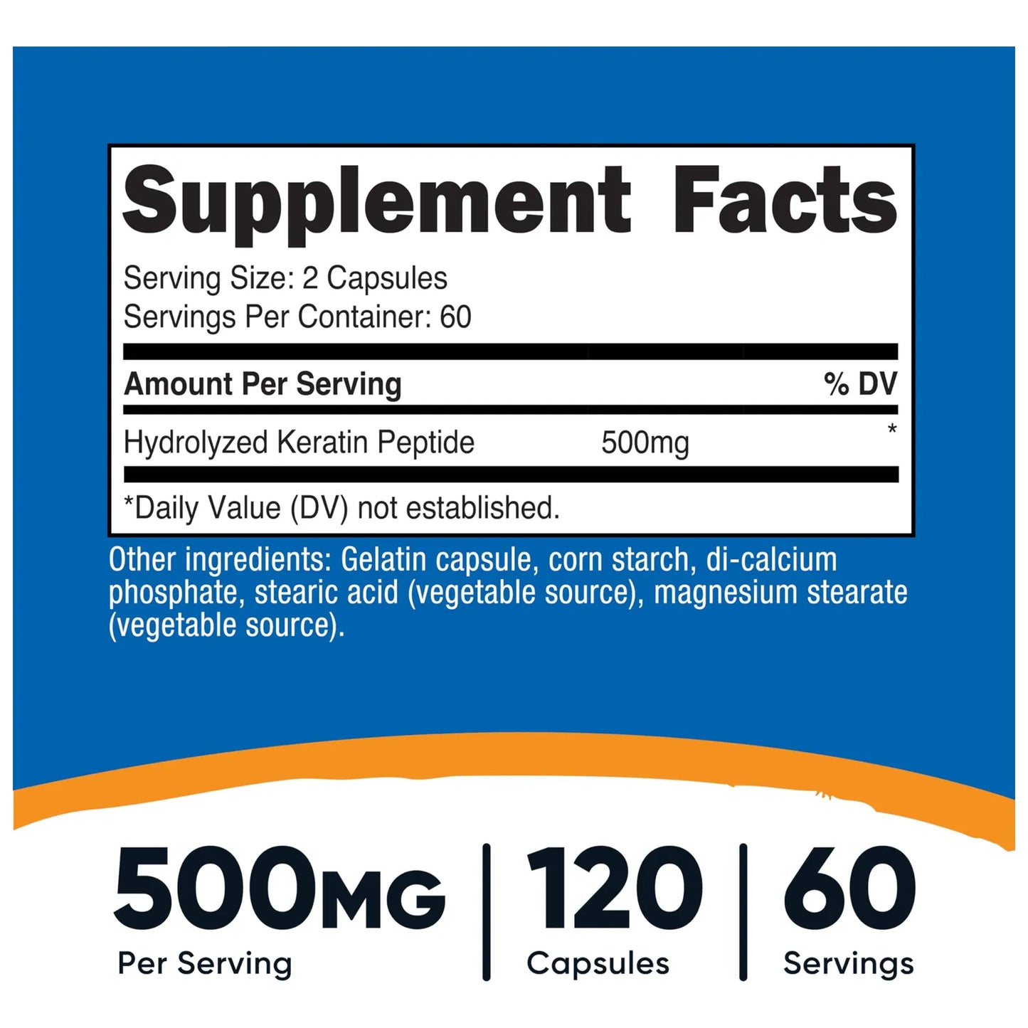 Cápsulas De Péptidos De Queratina Hidrolizados 500 Mg 120 Unidades Sin OMG Y Gluten